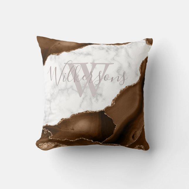 Brown Agate with Gold Glitter on Marble Monogram Cushion (Front)