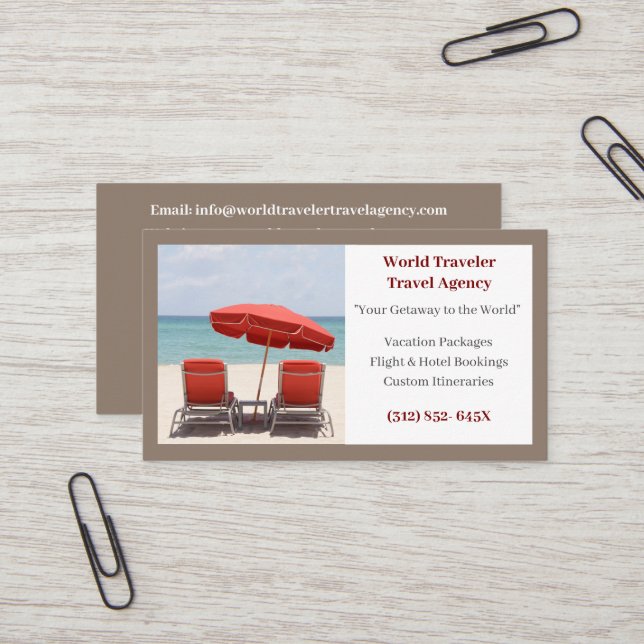 Brown Agent Travel Agency Red Beach Chairs  Business Card (Front/Back In Situ)