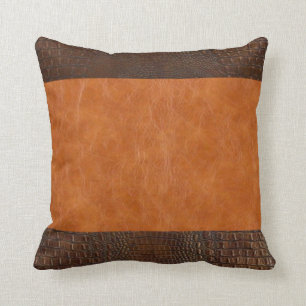Brown Alligator Hide and Carmel Vintage Leather  Cushion