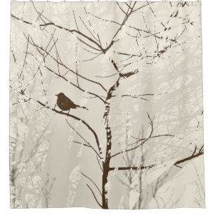 Brown and Almond Bird in Tree Graphic Neutral Shower Curtain