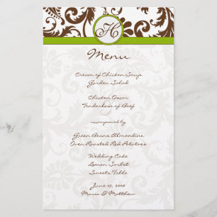 Brown and Apple Green Damask Wedding Menu