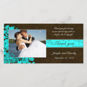 Brown and aqua floral thank you wedding photocard card
