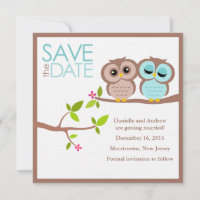 Brown and Aqua Owls Wedding Save the Date