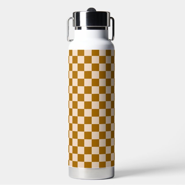 Brown and beige checkerboard pattern water bottle (Front)