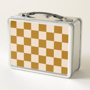 Brown and beige chequerboard pattern metal lunch box