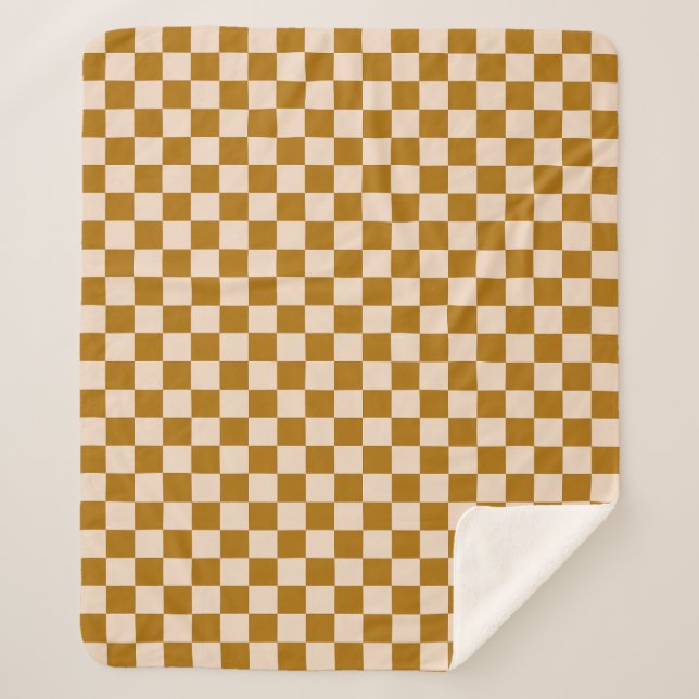 Brown and beige chequerboard pattern sherpa blanket (Front)
