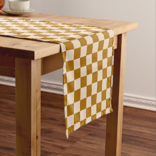 Brown and beige chequerboard pattern short table runner
