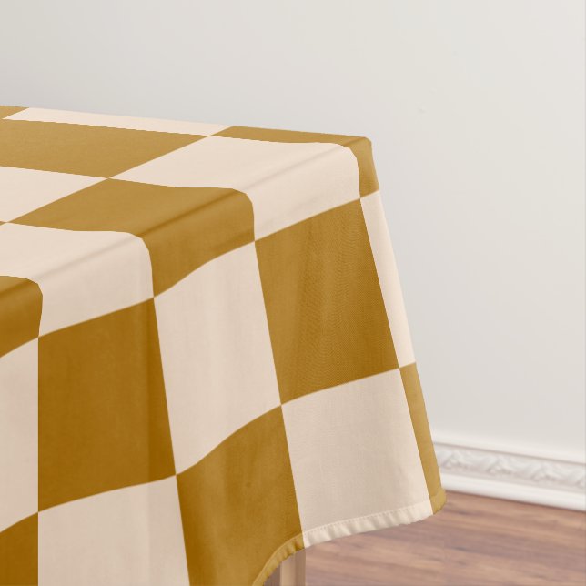 Brown and beige chequerboard pattern tablecloth (In Situ)