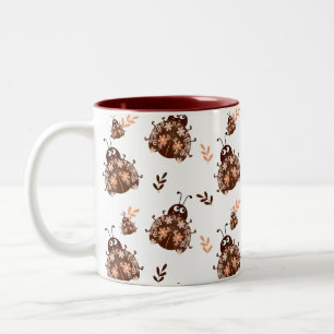 Brown and Beige Ladybug and Flower Pattern  Two-Tone Coffee Mug