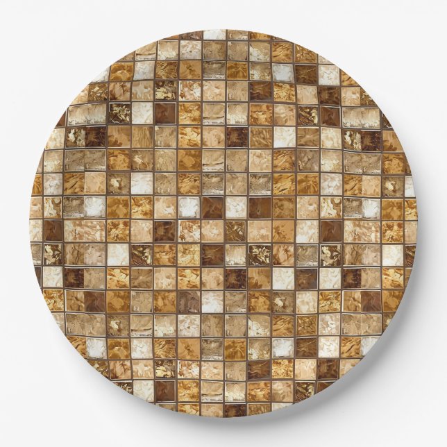 Brown and Beige Mosaic Tile Wall Paper Plate (Front)