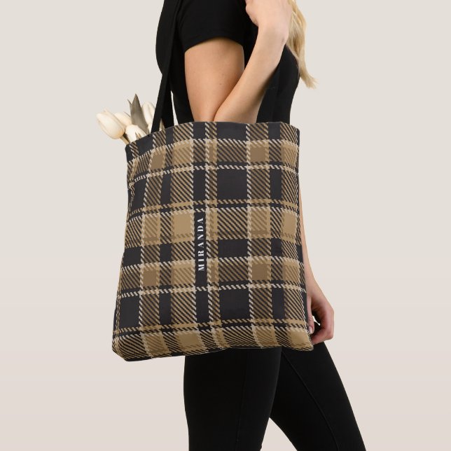 Brown and beige plaid pattern monogram tote bag (Close Up)