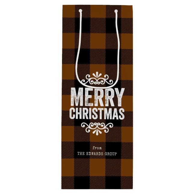 Brown and Black Buffalo Check Rustic Christmas Wine Gift Bag (Front)
