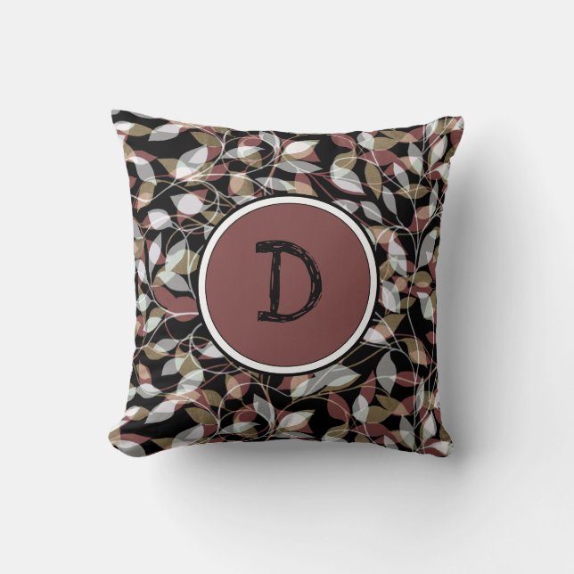 Brown and Black Floral With Custom Monogram Cushion (Front)