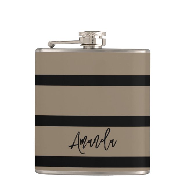 Brown and black stripes pattern personalised hip flask (Front)