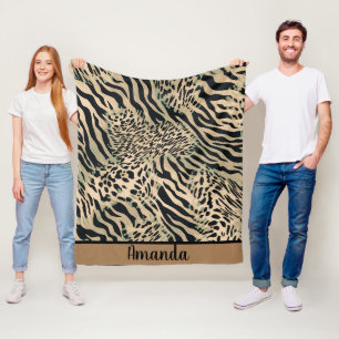 Brown and black tiger and zebra print fleece blanket