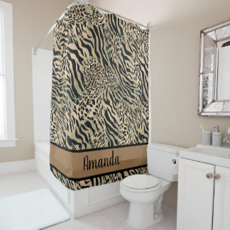 Brown and black tiger and zebra print shower curtain