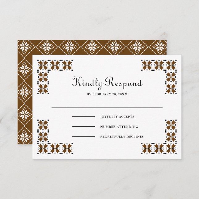 Brown and Black Ukrainian Embroidery Wedding RSVP Card (Front/Back)
