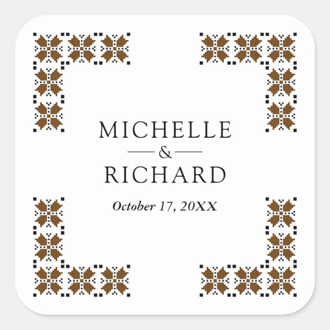 Brown and Black Ukrainian Embroidery Wedding Square Sticker (Front)