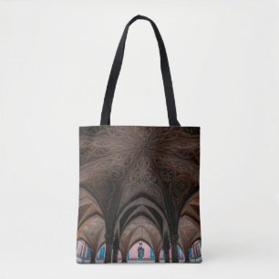 Brown and black wooden building interior tote bag