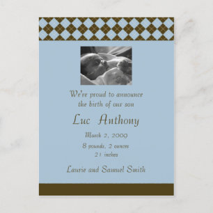 Brown and Blue Argyle Announcement (Customisable) Postcard
