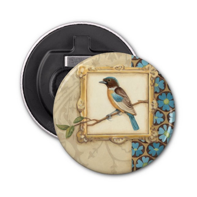 Brown and Blue Bird on a Branch Looking Up Bottle Opener (Front)