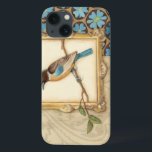 Brown and Blue Bird on a Branch Looking Up iPhone 13 Case<br><div class="desc">Meagan Meagher is a talented abstract and designer. This painting contains many different neutral and vivid colours like teal-blue,  beige and light yellow. The frame around the bird adds a classy touch. Customise your favourite Zazzle product using this beautiful image.</div>