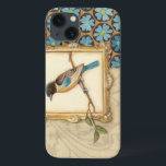 Brown and Blue Bird on a Branch Looking Up iPhone 13 Case<br><div class="desc">Meagan Meagher is a talented abstract and designer. This painting contains many different neutral and vivid colours like teal-blue,  beige and light yellow. The frame around the bird adds a classy touch. Customise your favourite Zazzle product using this beautiful image.</div>