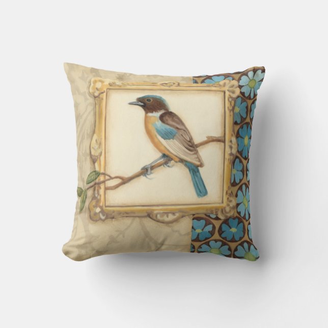 Brown and Blue Bird on a Branch Looking Up Cushion (Front)