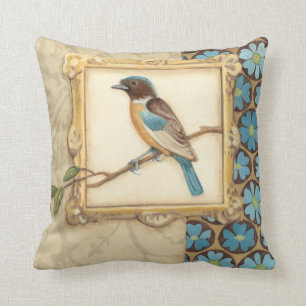 Brown and Blue Bird on a Branch Looking Up Cushion