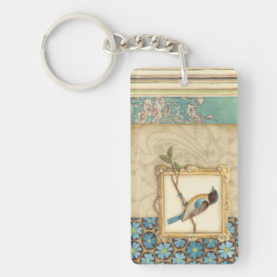 Brown and Blue Bird on a Branch Looking Up Key Ring