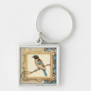 Brown and Blue Bird on a Branch Looking Up Key Ring