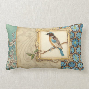 Brown and Blue Bird on a Branch Looking Up Lumbar Cushion