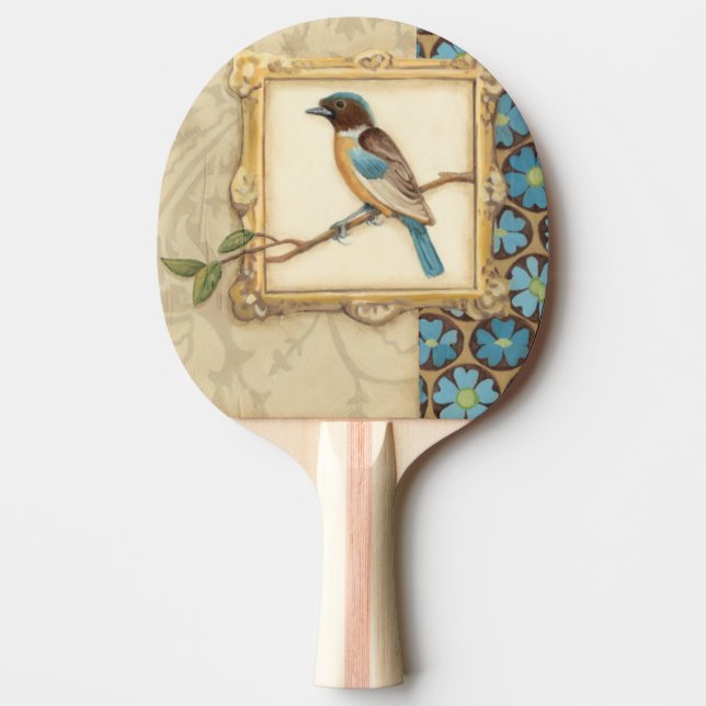 Brown and Blue Bird on a Branch Looking Up Ping Pong Paddle (Front)