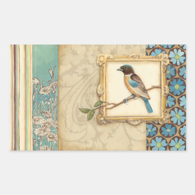 Brown and Blue Bird on a Branch Looking Up Rectangular Sticker (Front)