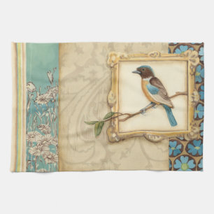 Brown and Blue Bird on a Branch Looking Up Tea Towel