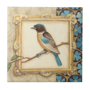 Brown and Blue Bird on a Branch Looking Up Tile