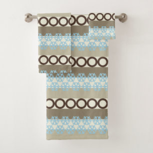 Brown and Blue Circles and Snowflakes Stripes Bath Towel Set