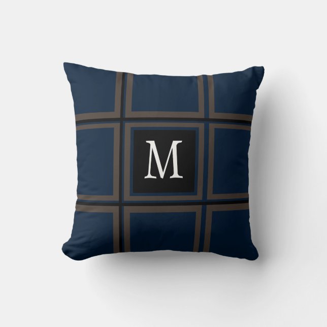  Brown and Blue Custom Single Initial Striped Cushion (Front)