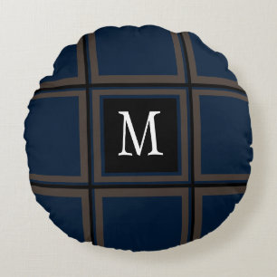 Brown and Blue Custom Single Initial Striped Round Cushion