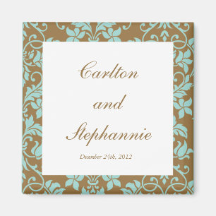 Brown and Blue Damask Wedding Magnet Favour