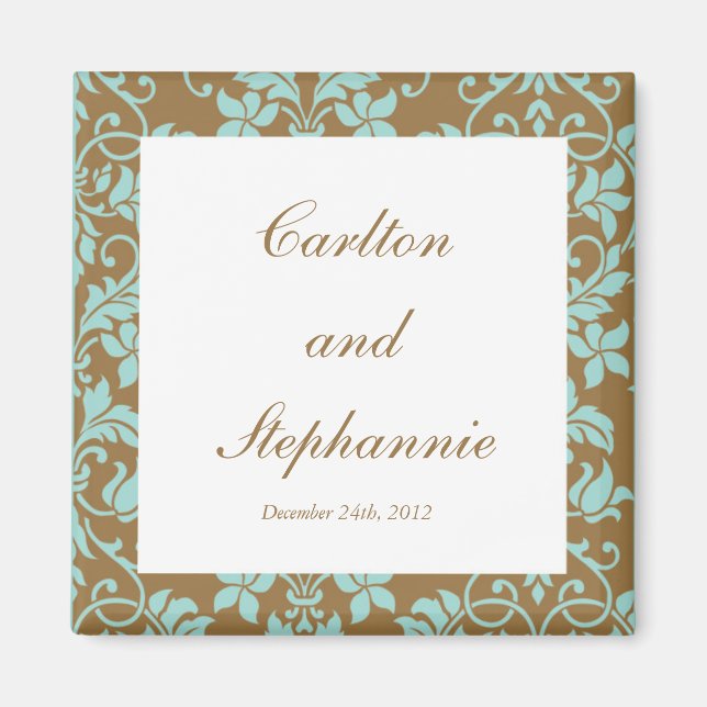 Brown and Blue Damask Wedding Magnet Favour (Front)
