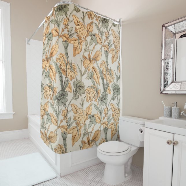 Brown and blue-green flower pattern shower curtain (In Situ)