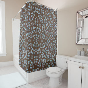 Brown and Blue Leaf Print / Trendy Home Decor Shower Curtain