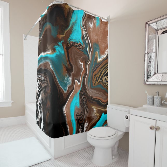 Brown and Blue Marble Swirl Fluid Art     Shower Curtain (In Situ)