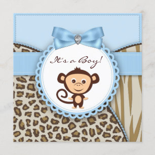Brown and Blue Monkey Baby Shower Invitation