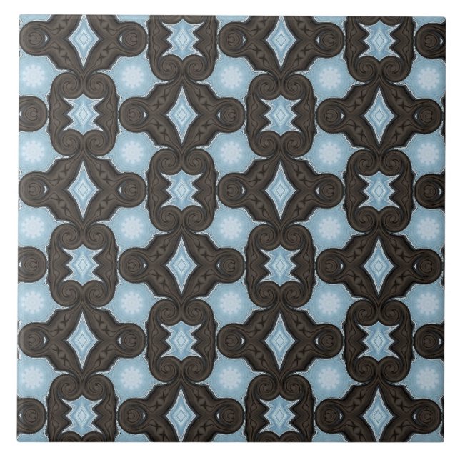 Brown and blue pattern print ceramic tile (Front)