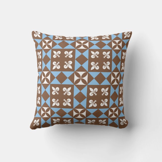 Brown and Blue Retro Geometric Pattern Cushion (Back)