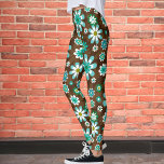 Brown and Blue Retro Mod Flowers Leggings<br><div class="desc">Fun throwback pattern features retro mod aqua blue and white flowers on brown background.</div>