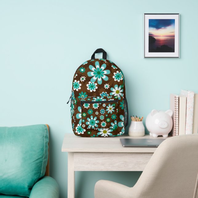 Brown and Blue Retro Mod Flowers  Printed Backpack (Insitu)