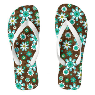 Brown and Blue Retro Mod Flowers  Thongs